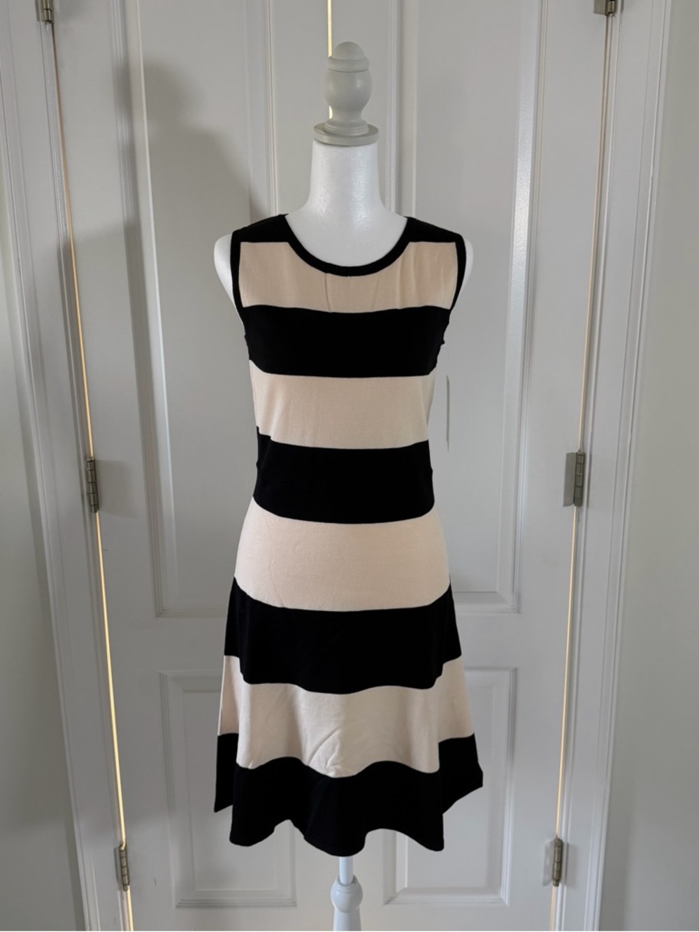 Julian Taylor Black and Cream Wide-Stripe Sleeveless Midi Dress